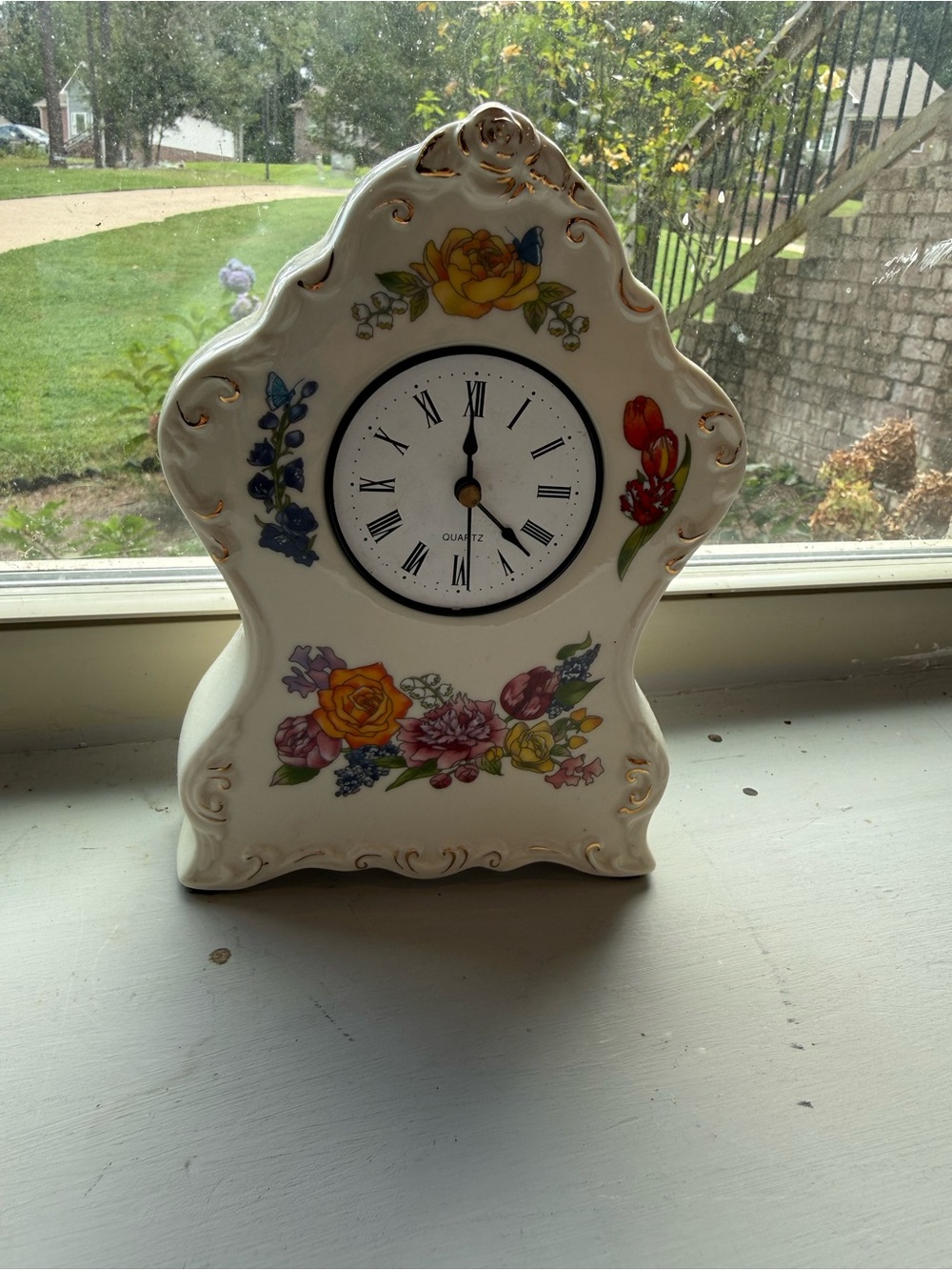 Floral Ceramic Mantel Clock - White with Multicolor Flower Accents